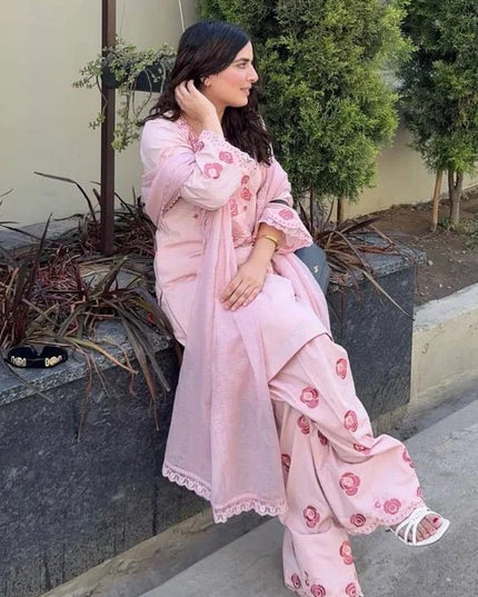 Pure Crepe Embroidery Farshi Palazzo Suit Set | Fully Stitched 3-Piece - Rosepetals Luxe