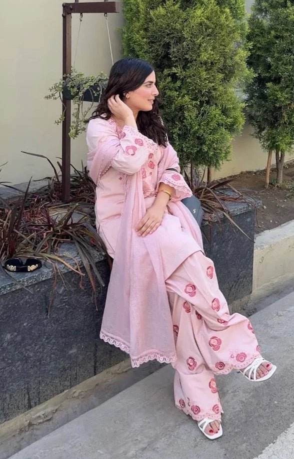 Pure Crepe Embroidery Farshi Palazzo Suit Set | Fully Stitched 3-Piece - Rosepetals Luxe