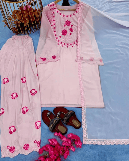 Pure Crepe Embroidery Farshi Palazzo Suit Set | Fully Stitched 3-Piece - Rosepetals Luxe