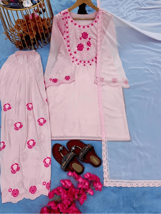 Pure Crepe Embroidery Farshi Palazzo Suit Set | Fully Stitched 3-Piece - Rosepetals Luxe