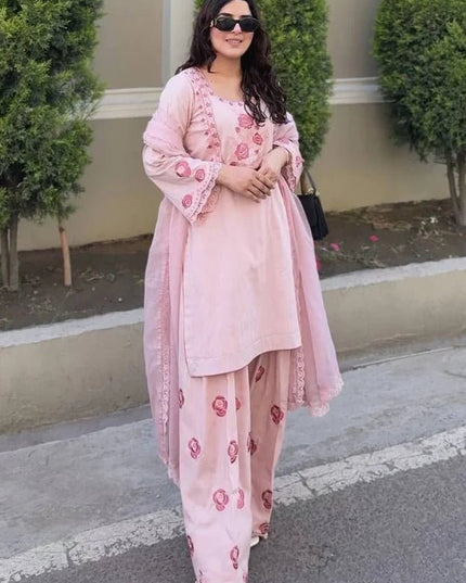 Pure Crepe Embroidery Farshi Palazzo Suit Set | Fully Stitched 3-Piece - Rosepetals Luxe