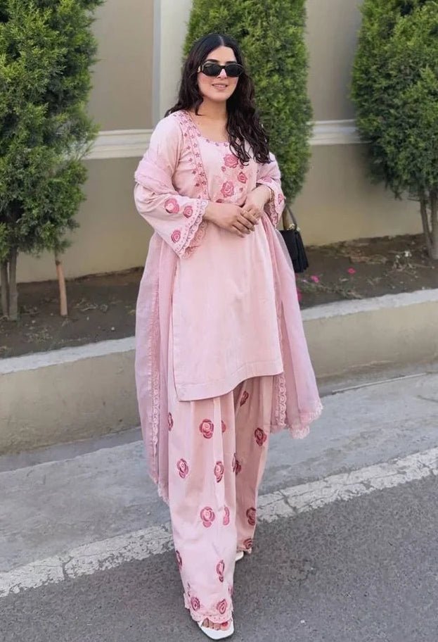 Pure Crepe Embroidery Farshi Palazzo Suit Set | Fully Stitched 3-Piece - Rosepetals Luxe