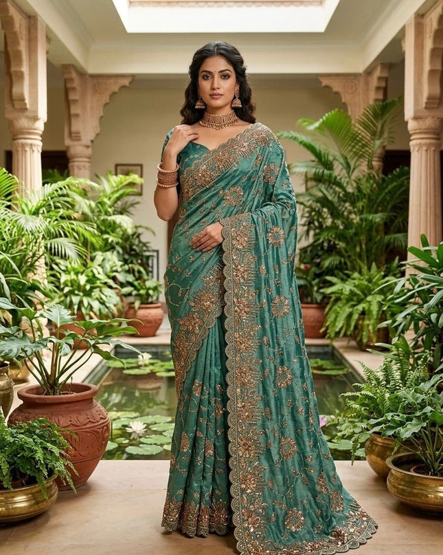 Pure Fandy Satin Silk Saree with Beads and Copper Sequins Embroidery - Rosepetals Luxe
