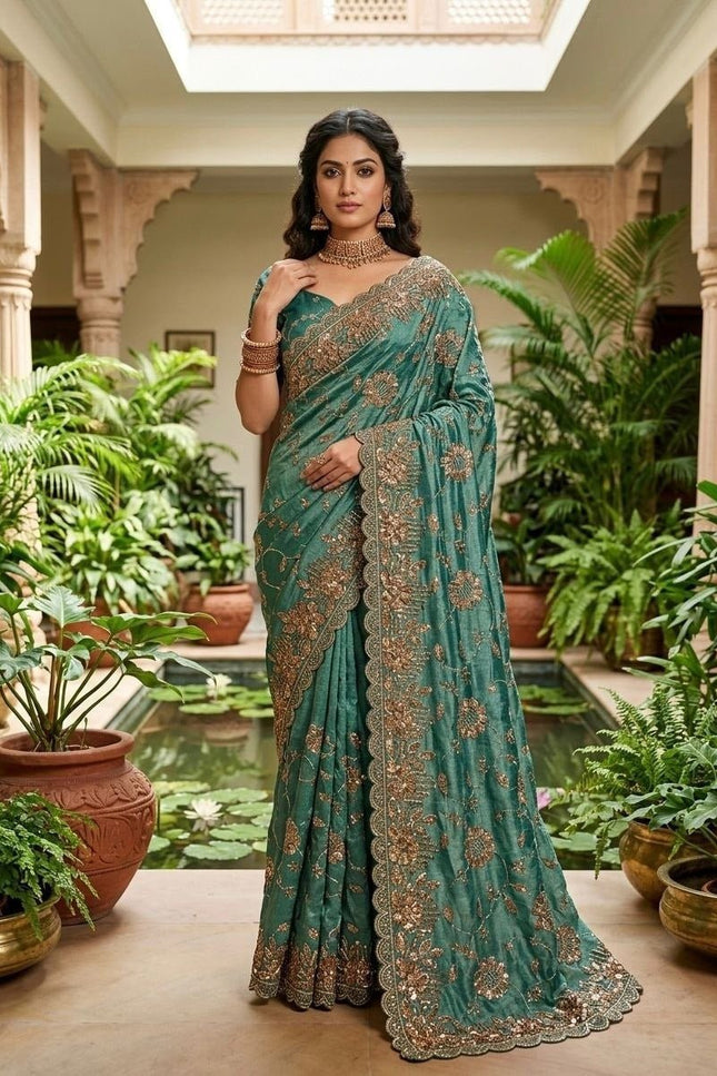 Pure Fandy Satin Silk Saree with Beads and Copper Sequins Embroidery - Rosepetals Luxe