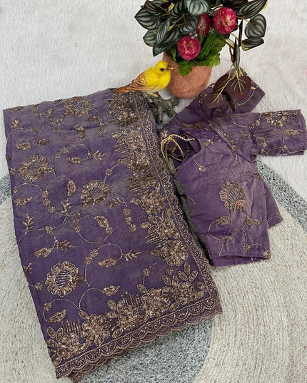 Pure Fandy Satin Silk Saree with Beads and Copper Sequins Embroidery - Rosepetals Luxe