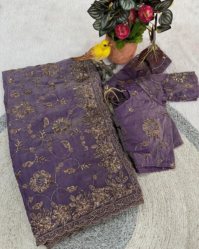 Pure Fandy Satin Silk Saree with Beads and Copper Sequins Embroidery - Rosepetals Luxe