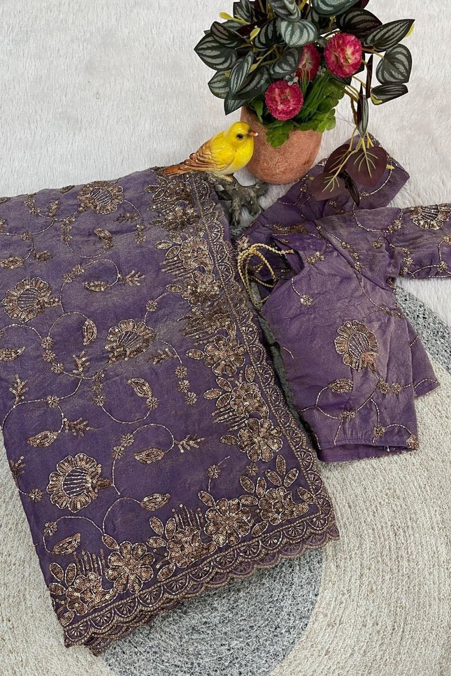 Pure Fandy Satin Silk Saree with Beads and Copper Sequins Embroidery - Rosepetals Luxe