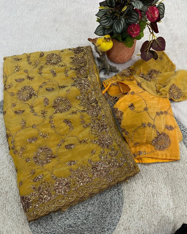 Pure Fandy Satin Silk Saree with Beads and Copper Sequins Embroidery - Rosepetals Luxe
