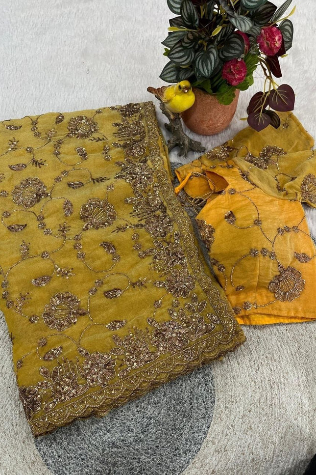 Pure Fandy Satin Silk Saree with Beads and Copper Sequins Embroidery - Rosepetals Luxe