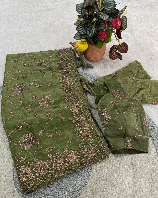 Pure Fandy Satin Silk Saree with Beads and Copper Sequins Embroidery - Rosepetals Luxe