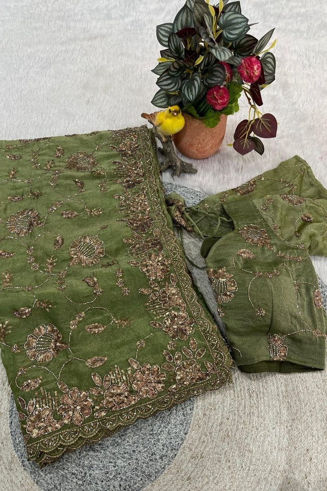 Pure Fandy Satin Silk Saree with Beads and Copper Sequins Embroidery - Rosepetals Luxe