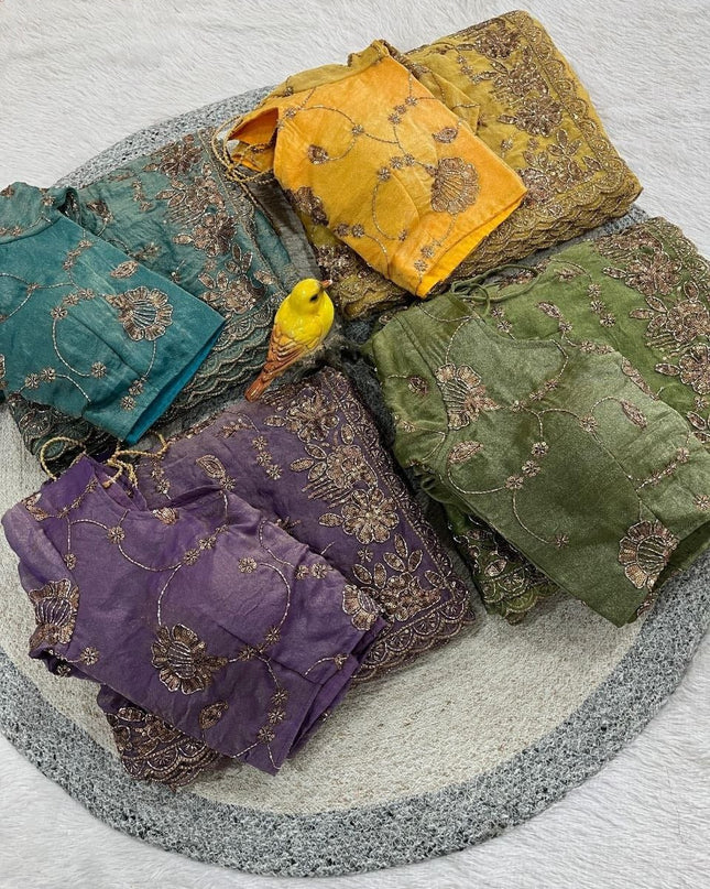 Pure Fandy Satin Silk Saree with Beads and Copper Sequins Embroidery - Rosepetals Luxe