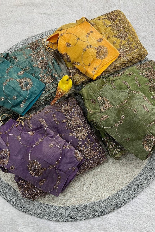 Pure Fandy Satin Silk Saree with Beads and Copper Sequins Embroidery - Rosepetals Luxe
