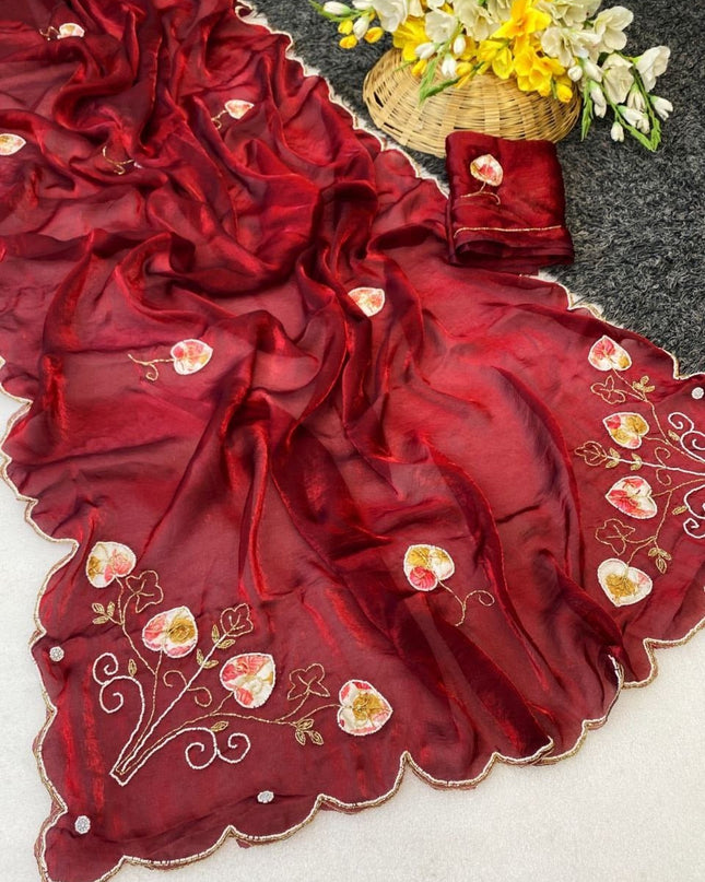 Pure Fendy Satin Saree with Handwork Pearls, Khatli & Moti Katdana Work - Rosepetals Luxe