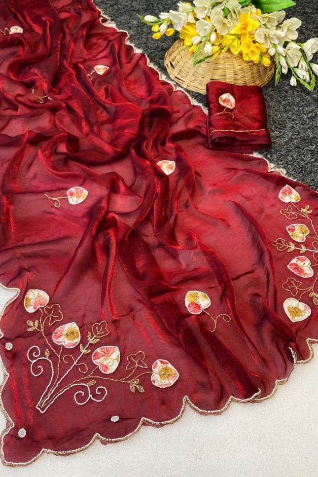 Pure Fendy Satin Saree with Handwork Pearls, Khatli & Moti Katdana Work - Rosepetals Luxe