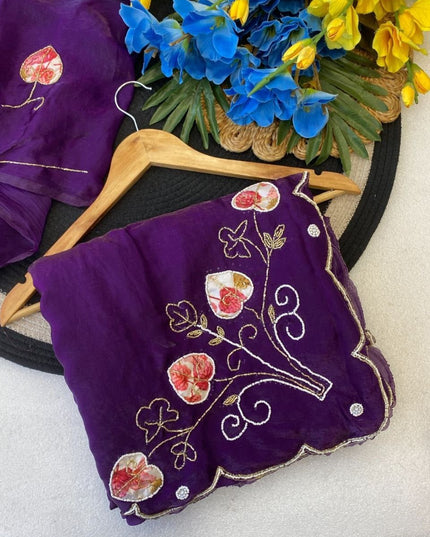 Pure Fendy Satin Saree with Handwork Pearls, Khatli & Moti Katdana Work - Rosepetals Luxe