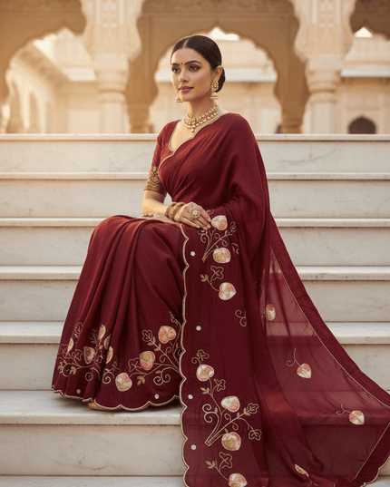 Pure Fendy Satin Saree with Handwork Pearls, Khatli & Moti Katdana Work - Rosepetals Luxe