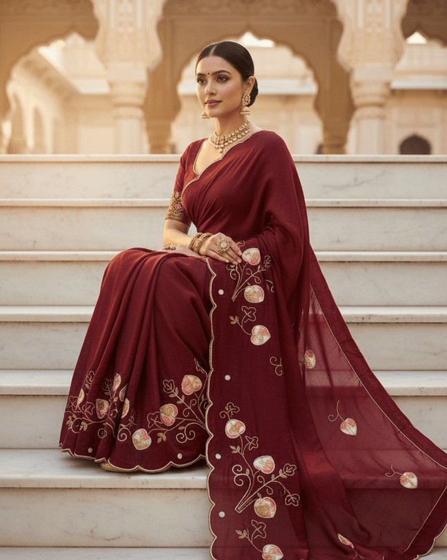 Pure Fendy Satin Saree with Handwork Pearls, Khatli & Moti Katdana Work - Rosepetals Luxe