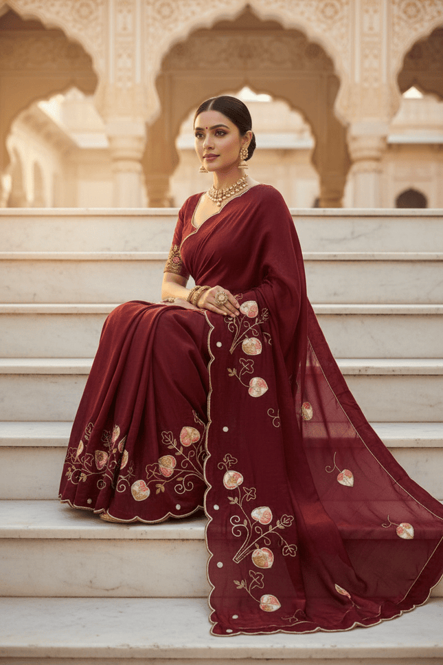 Pure Fendy Satin Saree with Handwork Pearls, Khatli & Moti Katdana Work - Rosepetals Luxe