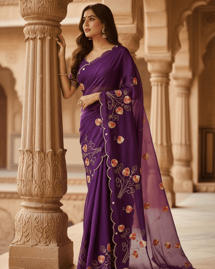 Pure Fendy Satin Saree with Handwork Pearls, Khatli & Moti Katdana Work - Rosepetals Luxe