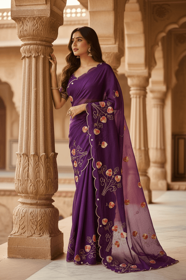 Pure Fendy Satin Saree with Handwork Pearls, Khatli & Moti Katdana Work - Rosepetals Luxe