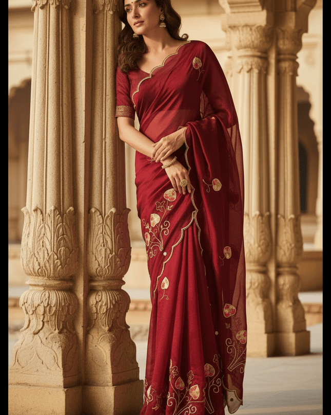 Pure Fendy Satin Saree with Handwork Pearls, Khatli & Moti Katdana Work - Rosepetals Luxe