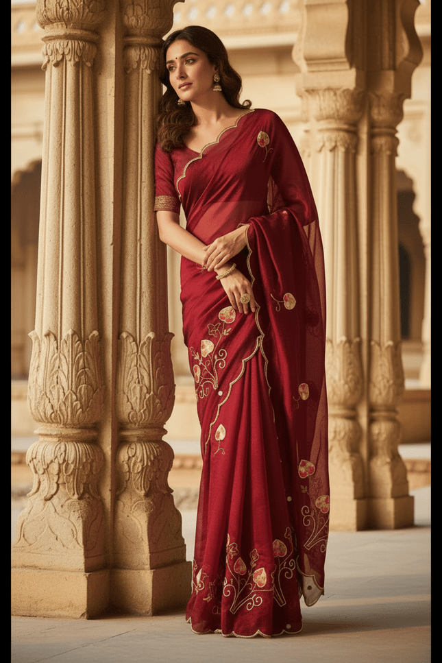 Pure Fendy Satin Saree with Handwork Pearls, Khatli & Moti Katdana Work - Rosepetals Luxe