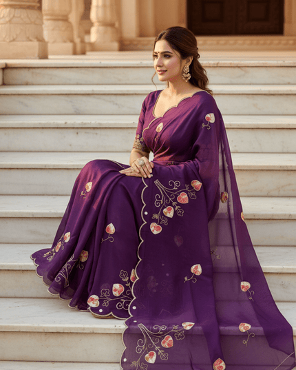 Pure Fendy Satin Saree with Handwork Pearls, Khatli & Moti Katdana Work - Rosepetals Luxe