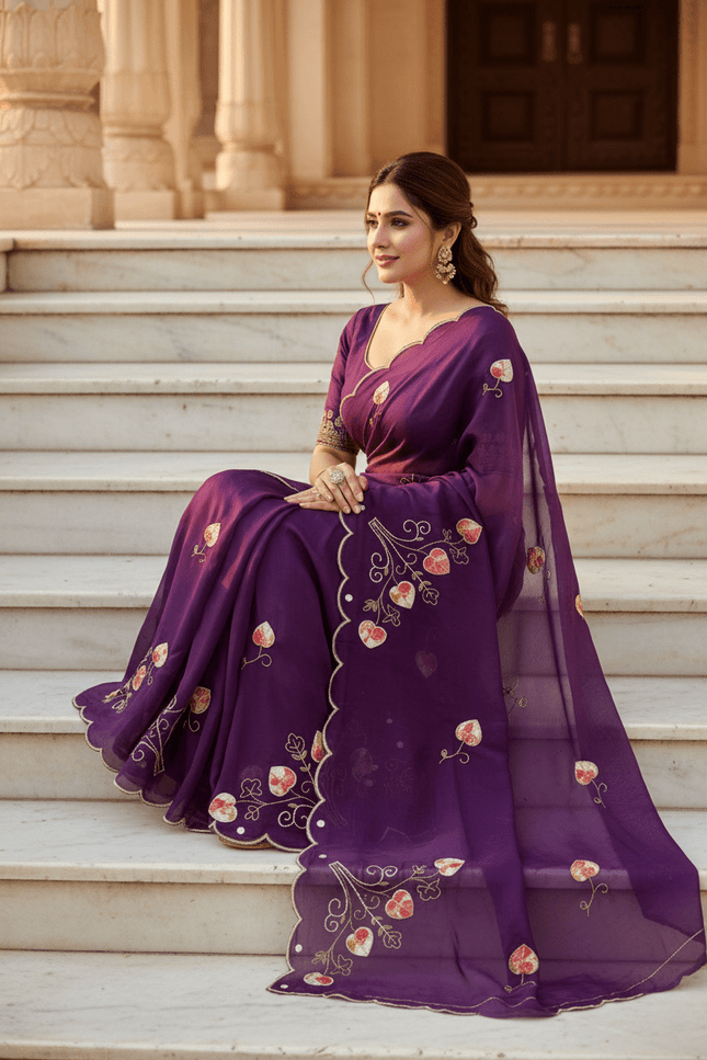 Pure Fendy Satin Saree with Handwork Pearls, Khatli & Moti Katdana Work - Rosepetals Luxe
