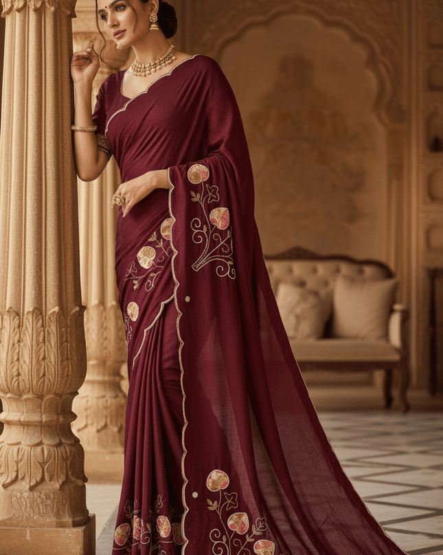 Pure Fendy Satin Saree with Handwork Pearls, Khatli & Moti Katdana Work - Rosepetals Luxe
