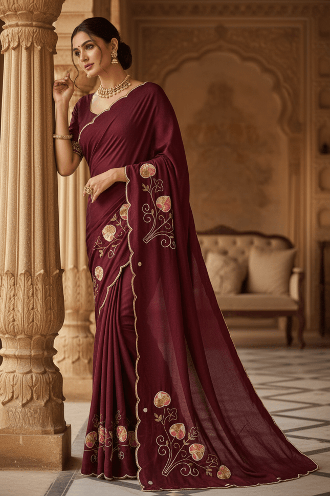 Pure Fendy Satin Saree with Handwork Pearls, Khatli & Moti Katdana Work - Rosepetals Luxe