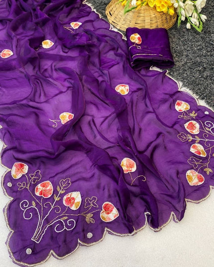 Pure Fendy Satin Saree with Handwork Pearls, Khatli & Moti Katdana Work - Rosepetals Luxe