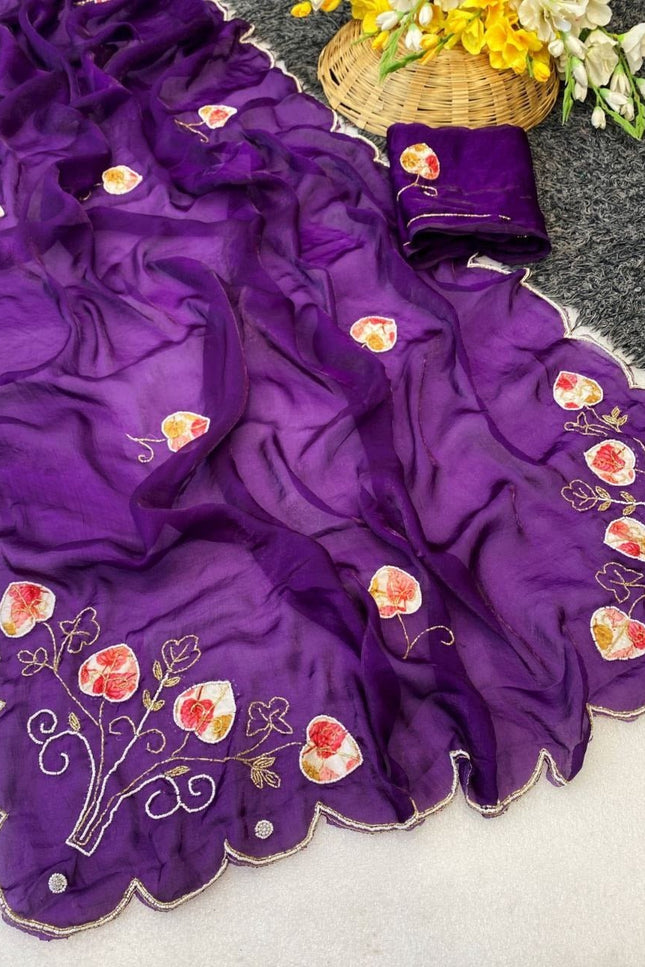 Pure Fendy Satin Saree with Handwork Pearls, Khatli & Moti Katdana Work - Rosepetals Luxe