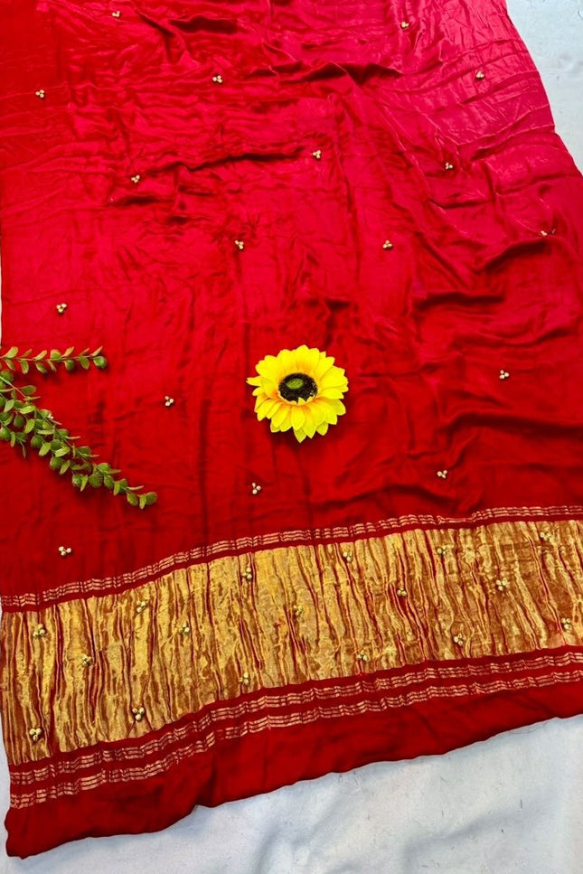 Pure Gajji Silk Bandhej Saree with Ghungroo Work - Rosepetals Luxe
