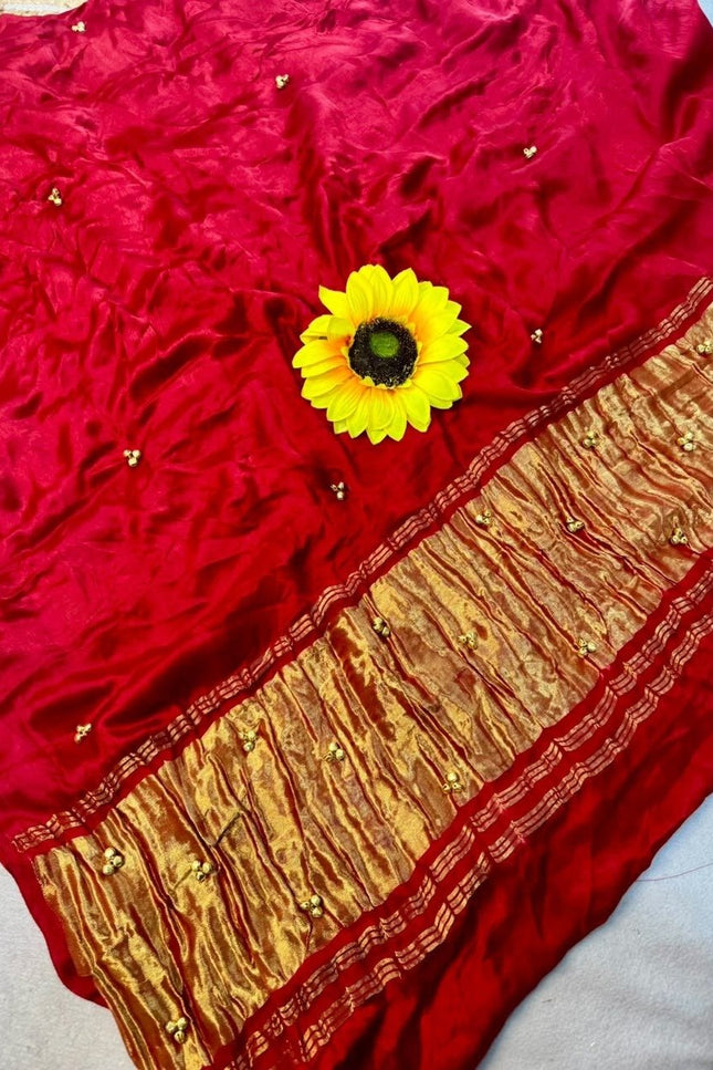 Pure Gajji Silk Bandhej Saree with Ghungroo Work - Rosepetals Luxe