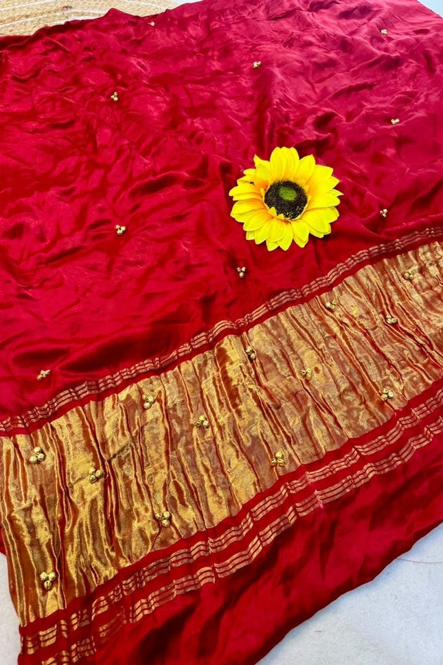 Pure Gajji Silk Bandhej Saree with Ghungroo Work - Rosepetals Luxe