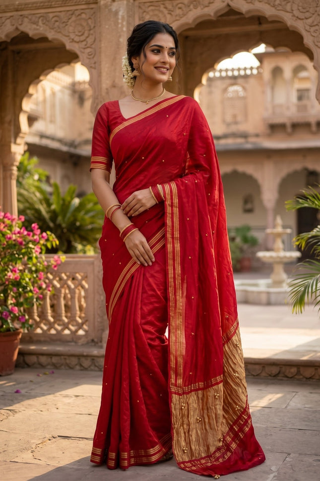 Pure Gajji Silk Bandhej Saree with Ghungroo Work - Rosepetals Luxe