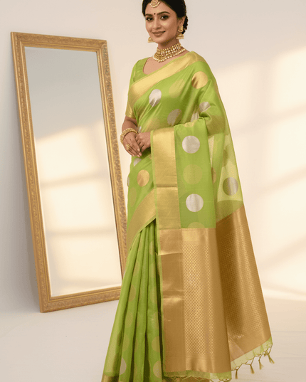 Pure Handloom Kora Silk Saree | Kaduwa Dollar Buta & Fancy Pallu | Silk Mark Certified | Rosepetals Luxe - Rosepetals Luxe