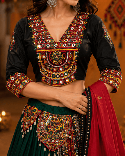 Pure Jaam Cotton Chaniya Choli | Original Gamthi Work | 10 Metre Flare | Navratri Garba - Rosepetals Luxe