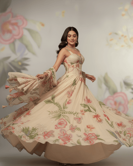 Pure Jimmy Organza Digital Printed Flair Lehenga With Designer Batwa Bag - Rosepetals Luxe