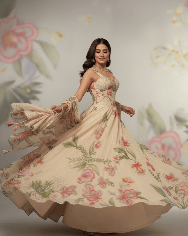 Pure Jimmy Organza Digital Printed Flair Lehenga With Designer Batwa Bag - Rosepetals Luxe