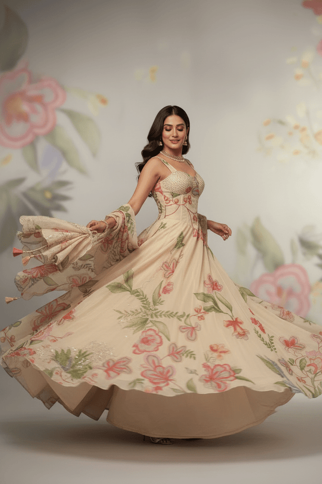 Pure Jimmy Organza Digital Printed Flair Lehenga With Designer Batwa Bag - Rosepetals Luxe