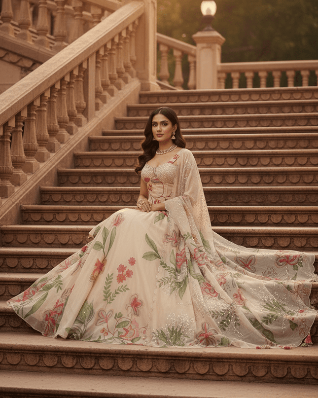 Pure Jimmy Organza Digital Printed Flair Lehenga With Designer Batwa Bag - Rosepetals Luxe