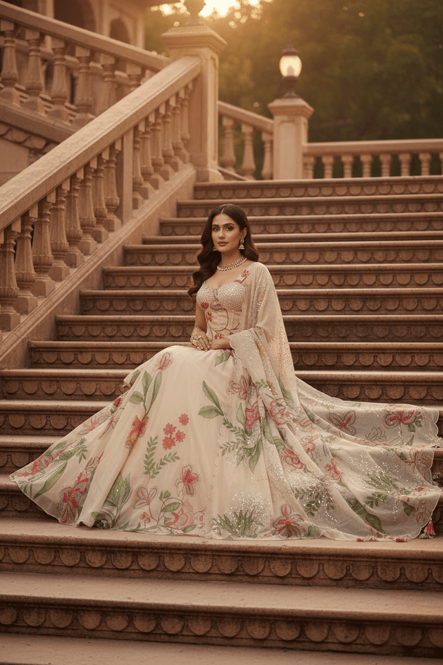 Pure Jimmy Organza Digital Printed Flair Lehenga With Designer Batwa Bag - Rosepetals Luxe