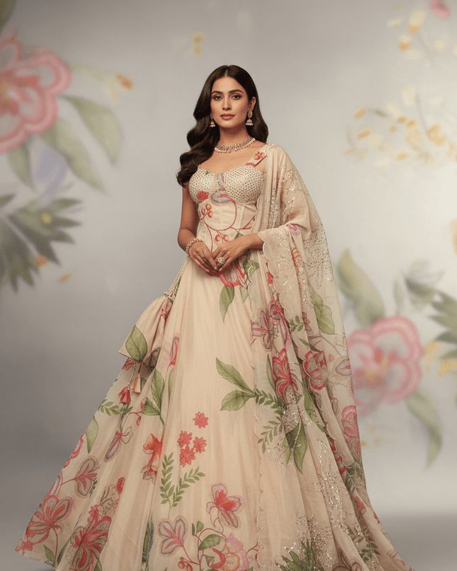 Pure Jimmy Organza Digital Printed Flair Lehenga With Designer Batwa Bag - Rosepetals Luxe