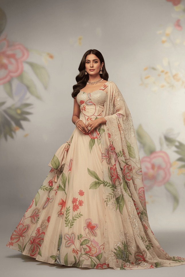 Pure Jimmy Organza Digital Printed Flair Lehenga With Designer Batwa Bag - Rosepetals Luxe