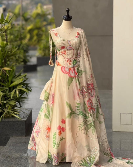 Pure Jimmy Organza Digital Printed Flair Lehenga With Designer Batwa Bag - Rosepetals Luxe