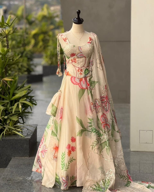 Pure Jimmy Organza Digital Printed Flair Lehenga With Designer Batwa Bag - Rosepetals Luxe