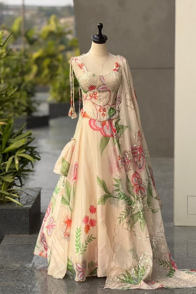 Pure Jimmy Organza Digital Printed Flair Lehenga With Designer Batwa Bag - Rosepetals Luxe