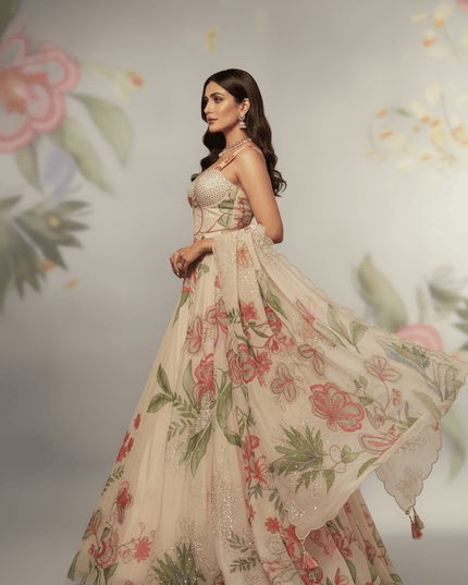 Pure Jimmy Organza Digital Printed Flair Lehenga With Designer Batwa Bag - Rosepetals Luxe